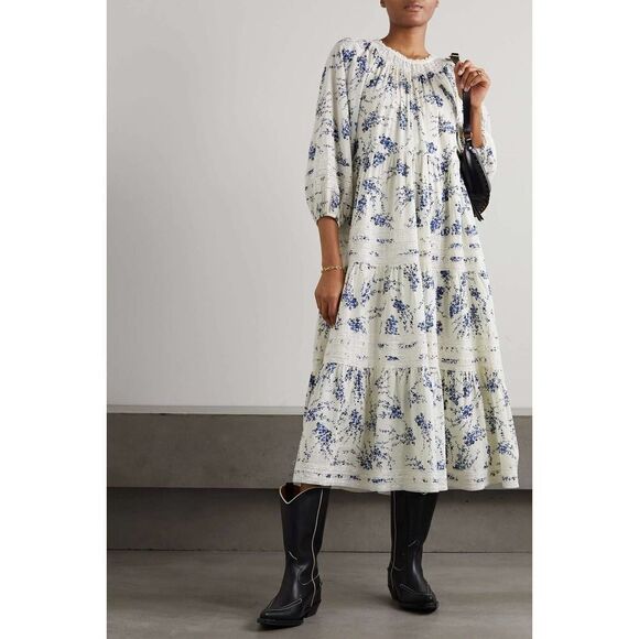 THE GREAT. The Hideaway lace-trimmed floral-print cotton midi dress XS - Picture 2 of 12